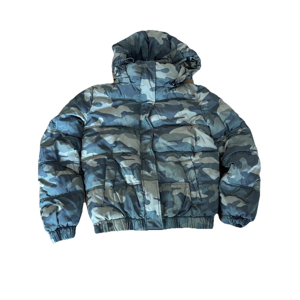 H&M Puffer Jacket‎ Camoflauge Hooded Womens XS Full Zip Zip Off Hoodie Pockets